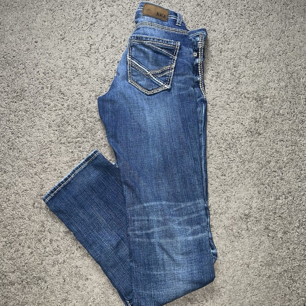 BKE Alec Jeans Mens 31L Blue Straight Leg Denim Distressed Wiskered Pants